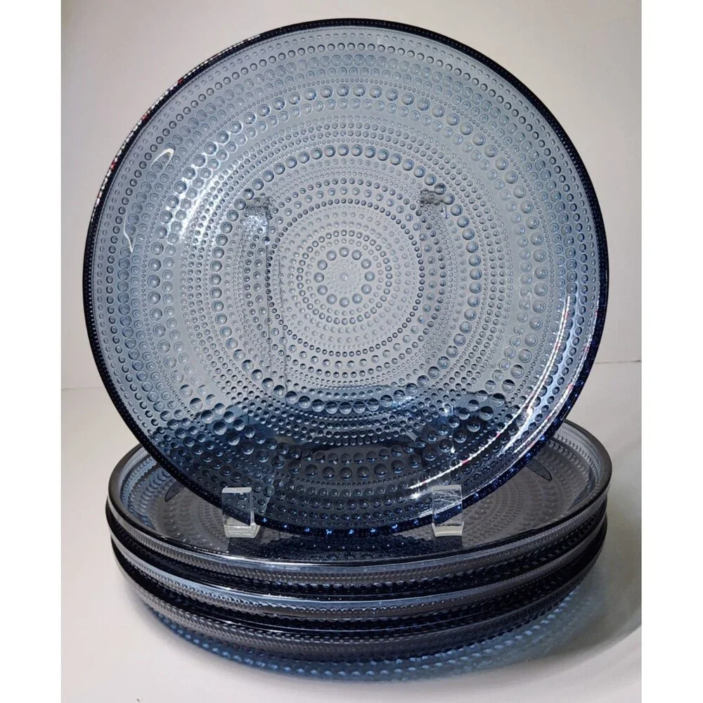 Set of 4 Iittala Kastehelmi Blue Rain Plates Oiva Toikka 9 5/8
